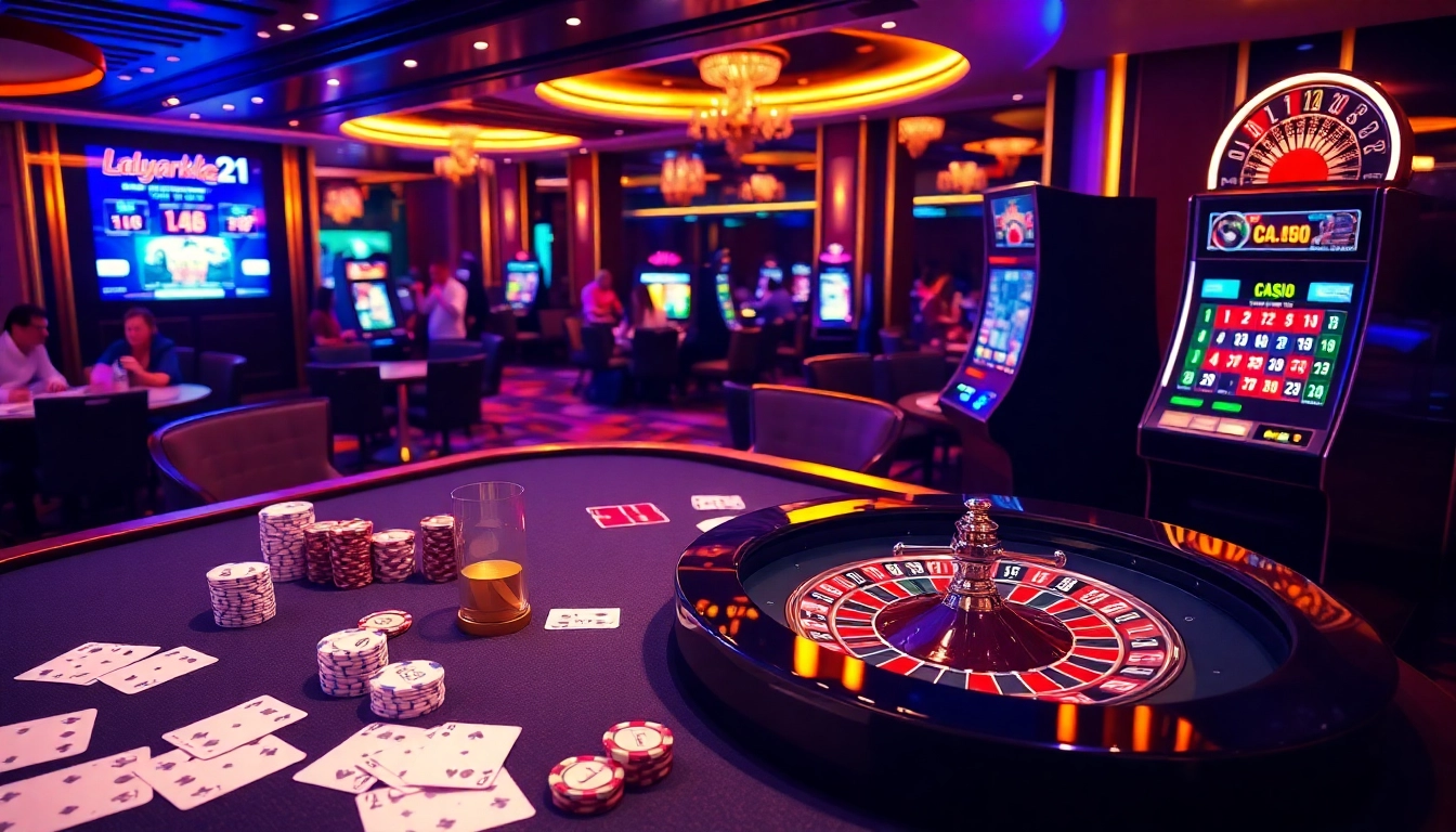 Experience the thrill of layarkaca21 with a vibrant casino scene showcasing poker and roulette.