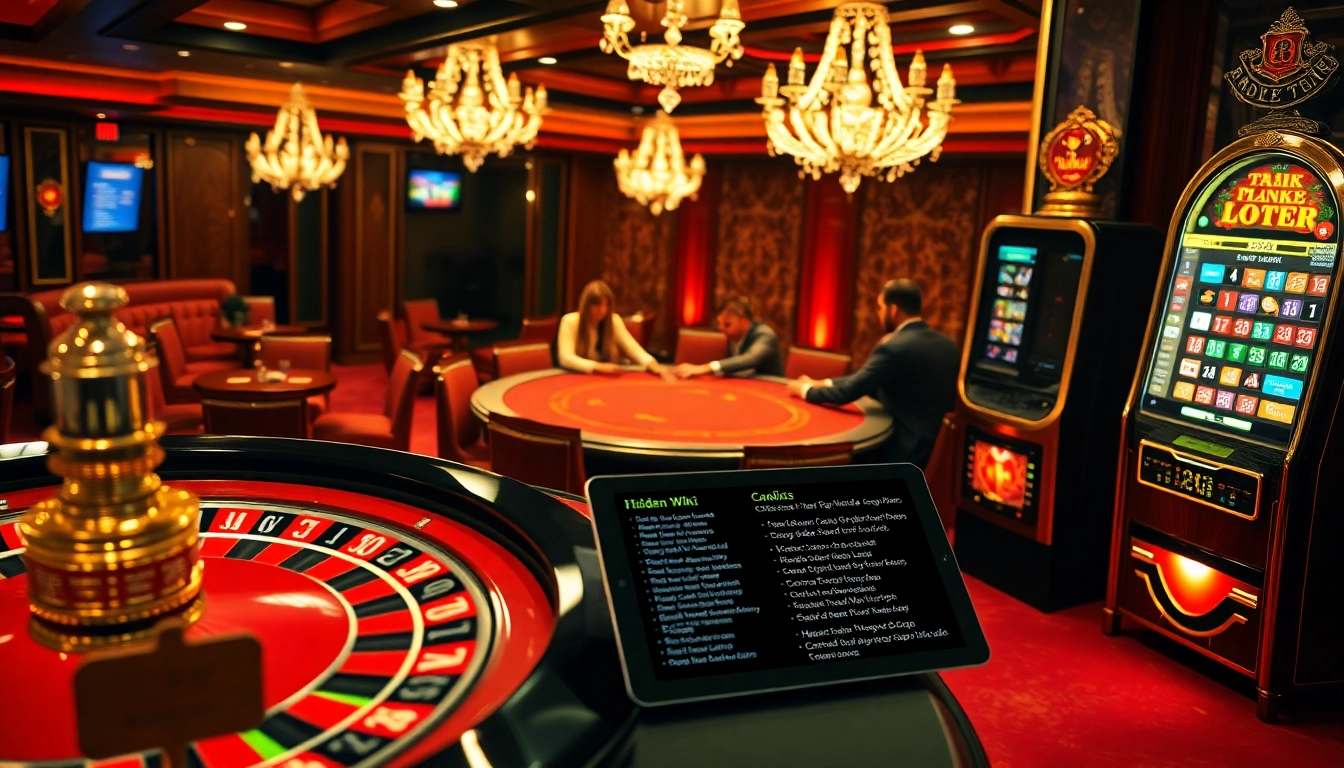 The hidden wiki highlights gambling strategies within a luxurious casino environment featuring a roulette wheel and poker table.