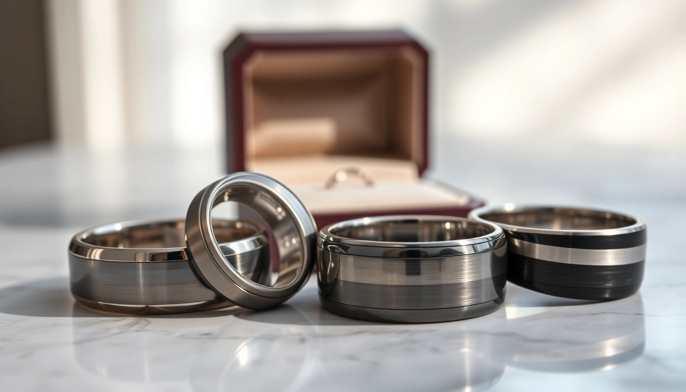Showcase of stunning Tungsten rings reflecting elegance and style on a marble surface.