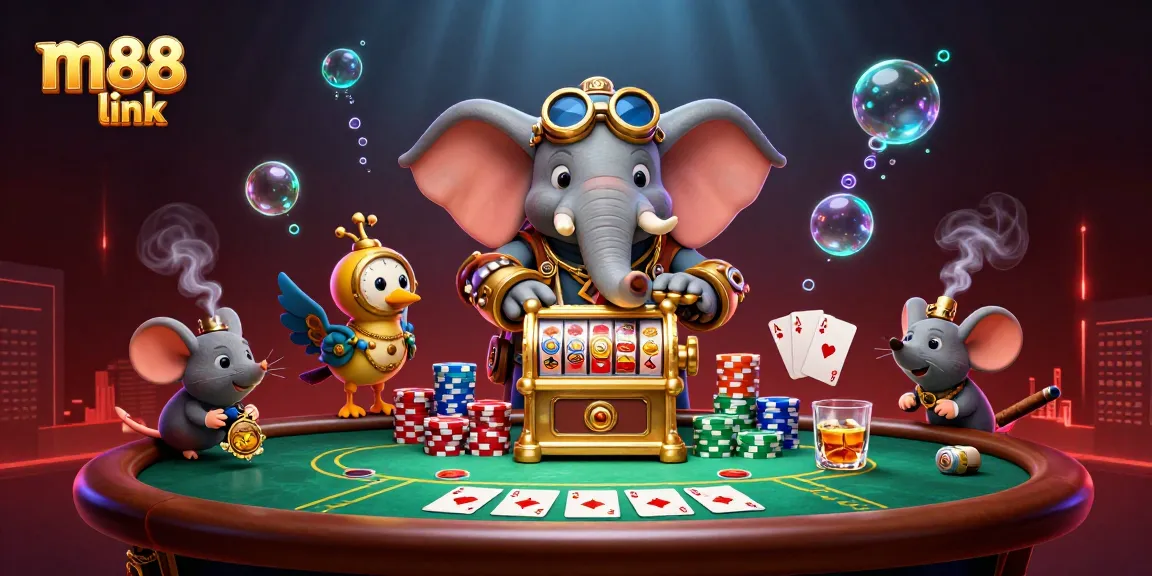 Spin the m88 link slot machine with bold steampunk characters and vibrant casino elements.