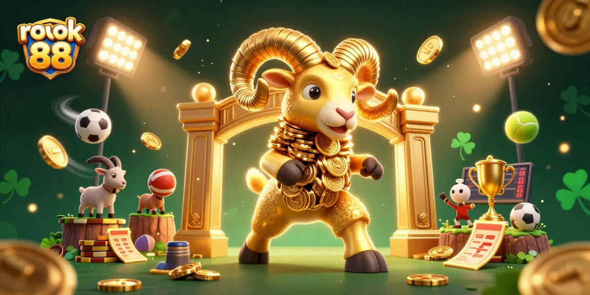 Engage in thrilling action with rokok 88, showcasing a dynamic 3D casino illustration of a golden ram charging through a vibrant gambling scene.