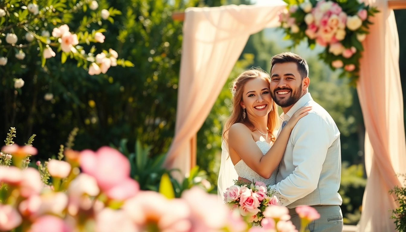 Wedding photography of a couple embracing in a sunlit garden with vibrant flowers.