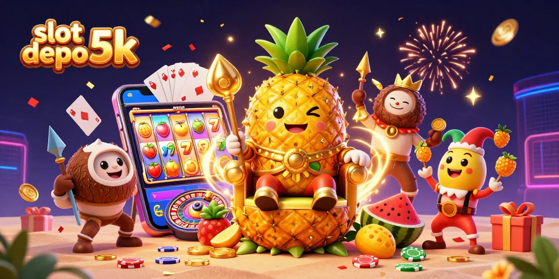 Experience dynamic slot depo 5k action with a vibrant king and energetic characters amidst colorful casino elements.