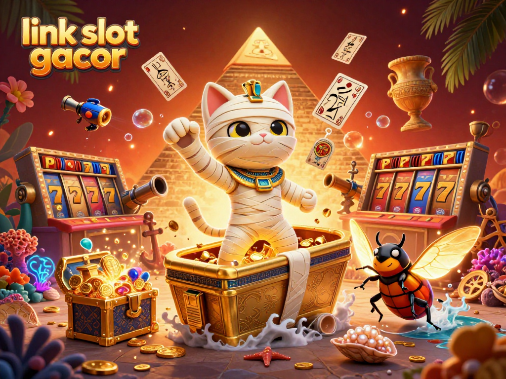 Experience thrilling gameplay with link slot gacor featuring a mummy cat, treasure, and exciting casino elements.
