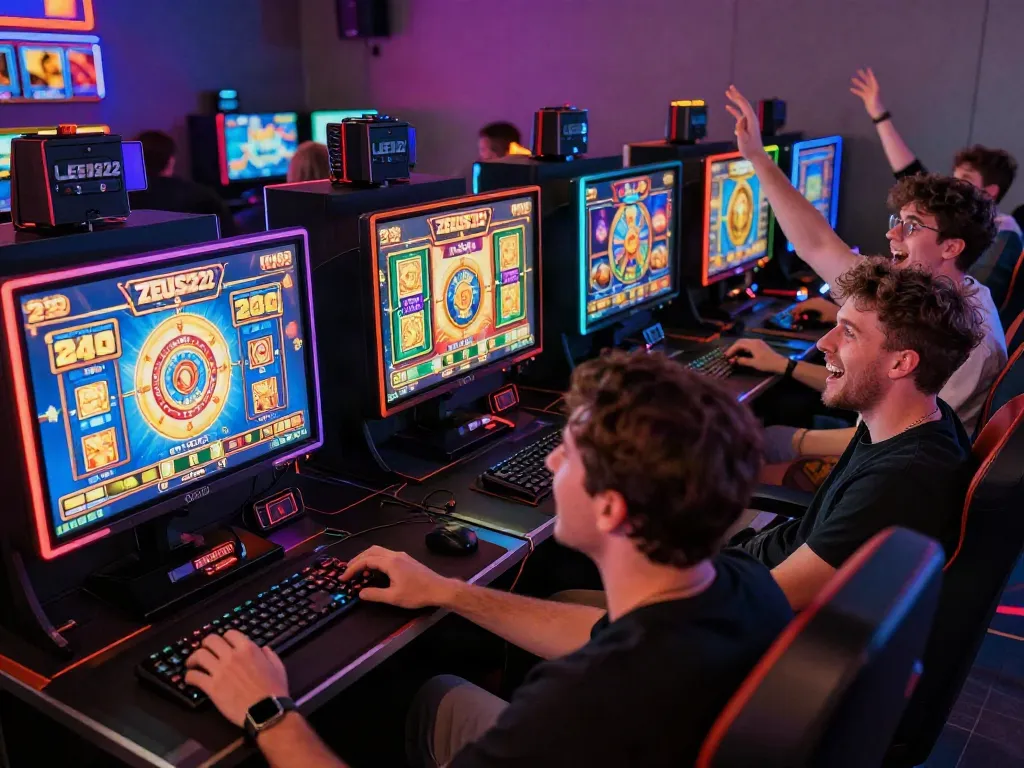 Pengalaman bermain slot ZEUS222 dengan pemain antusias dan layar berwarna-warni.