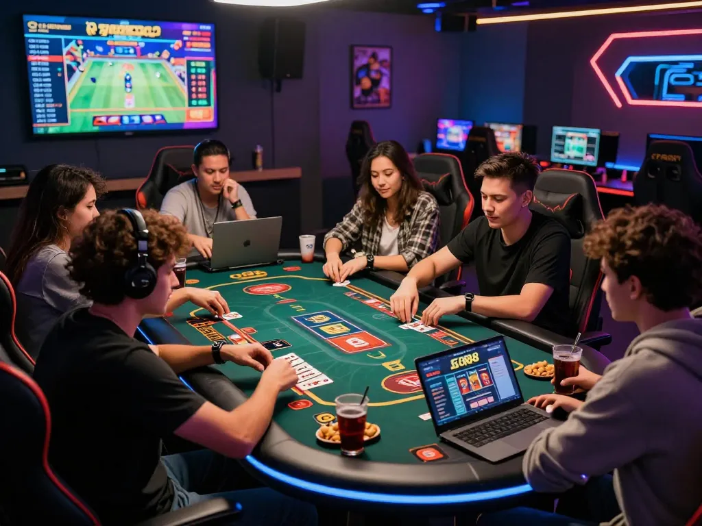 Excited friends gaming together while tải go88 on digital devices in a vibrant online casino.