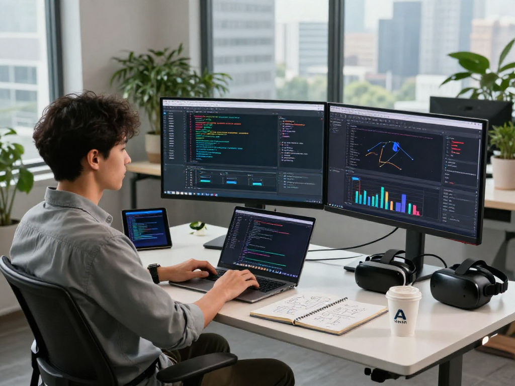 Developer showcasing AI solutions in a modern workspace while analyzing performance data and algorithms with tech gadgets, embodying the essence of a crush on AI.