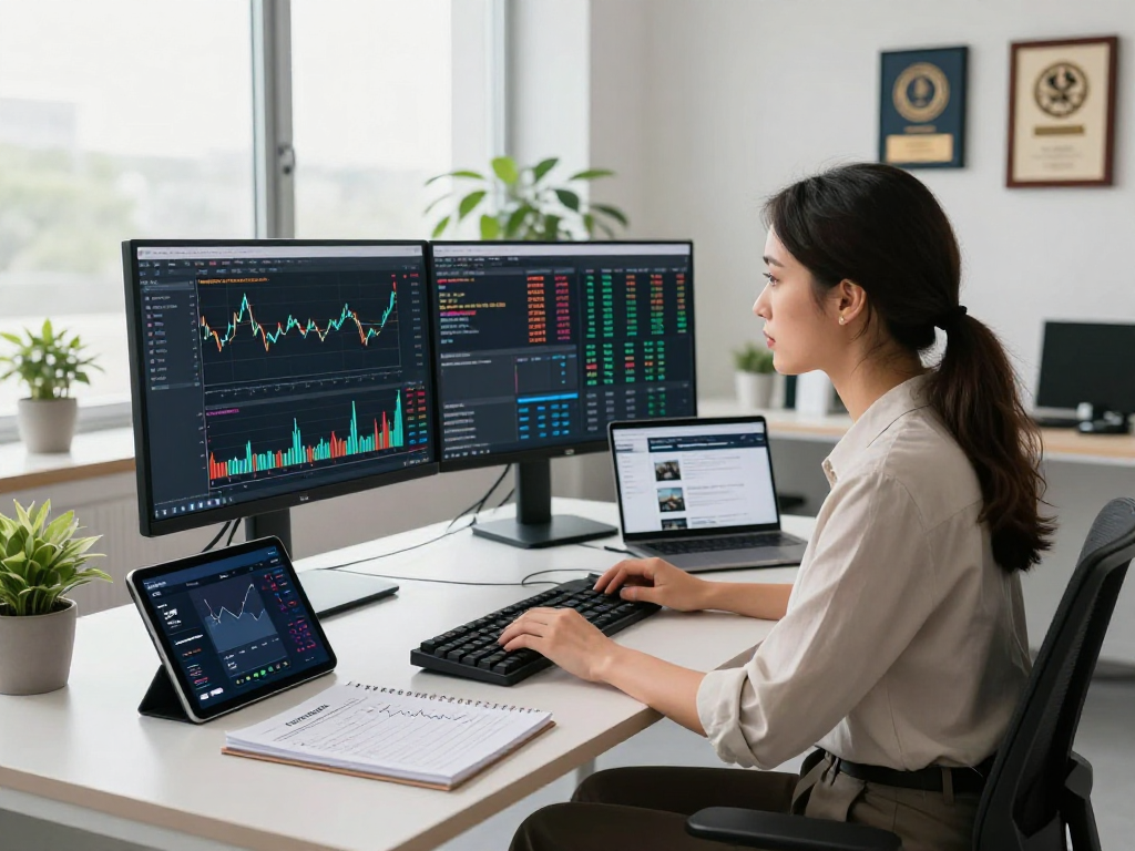 Developer analyzing EURUSD live data feed on dual monitors in a modern trading office.