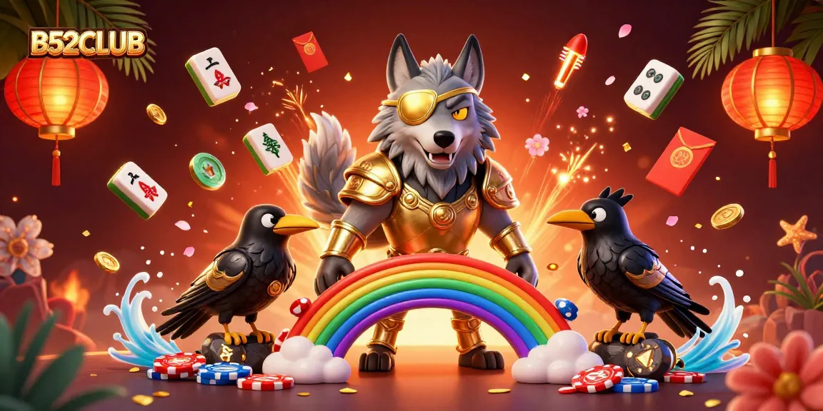 B52CLUB showcases vibrant gaming energy with a 3D Odin wolf and casino elements in action.