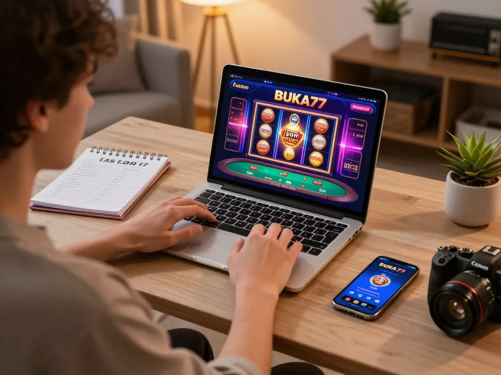 Engaging gameplay at BUKA77 casino with a user analyzing strategies on their laptop.