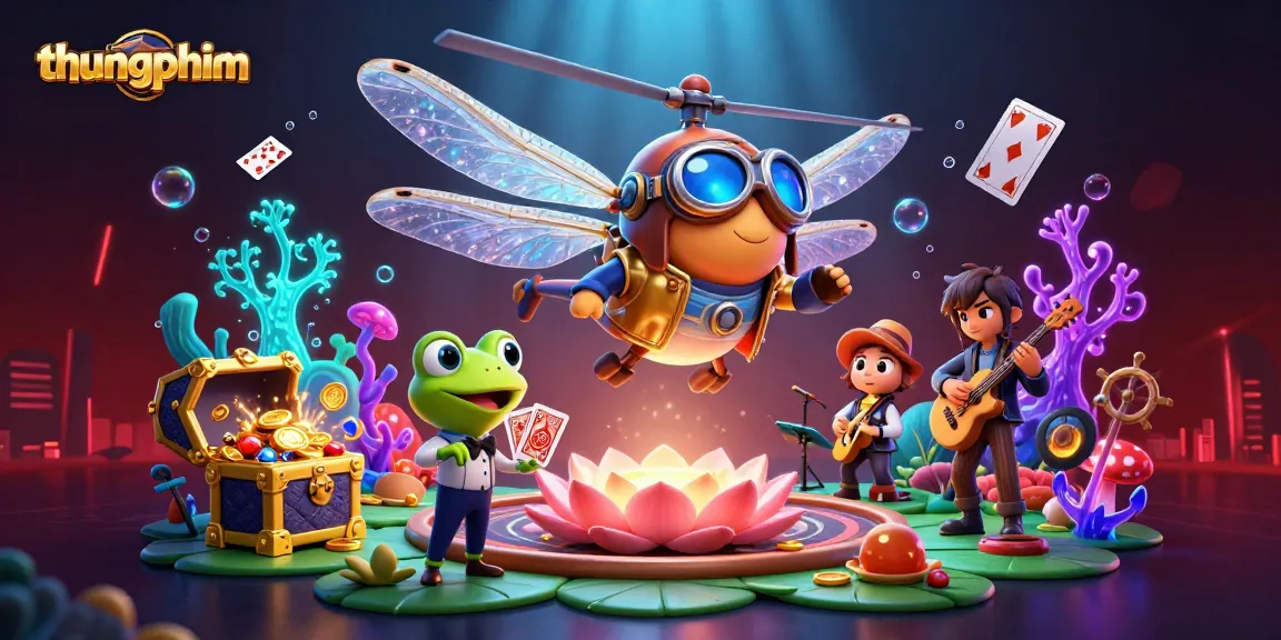 Experience the thrills of thungphim with vibrant casino elements, floating cards, and dynamic characters in a colorful scene.