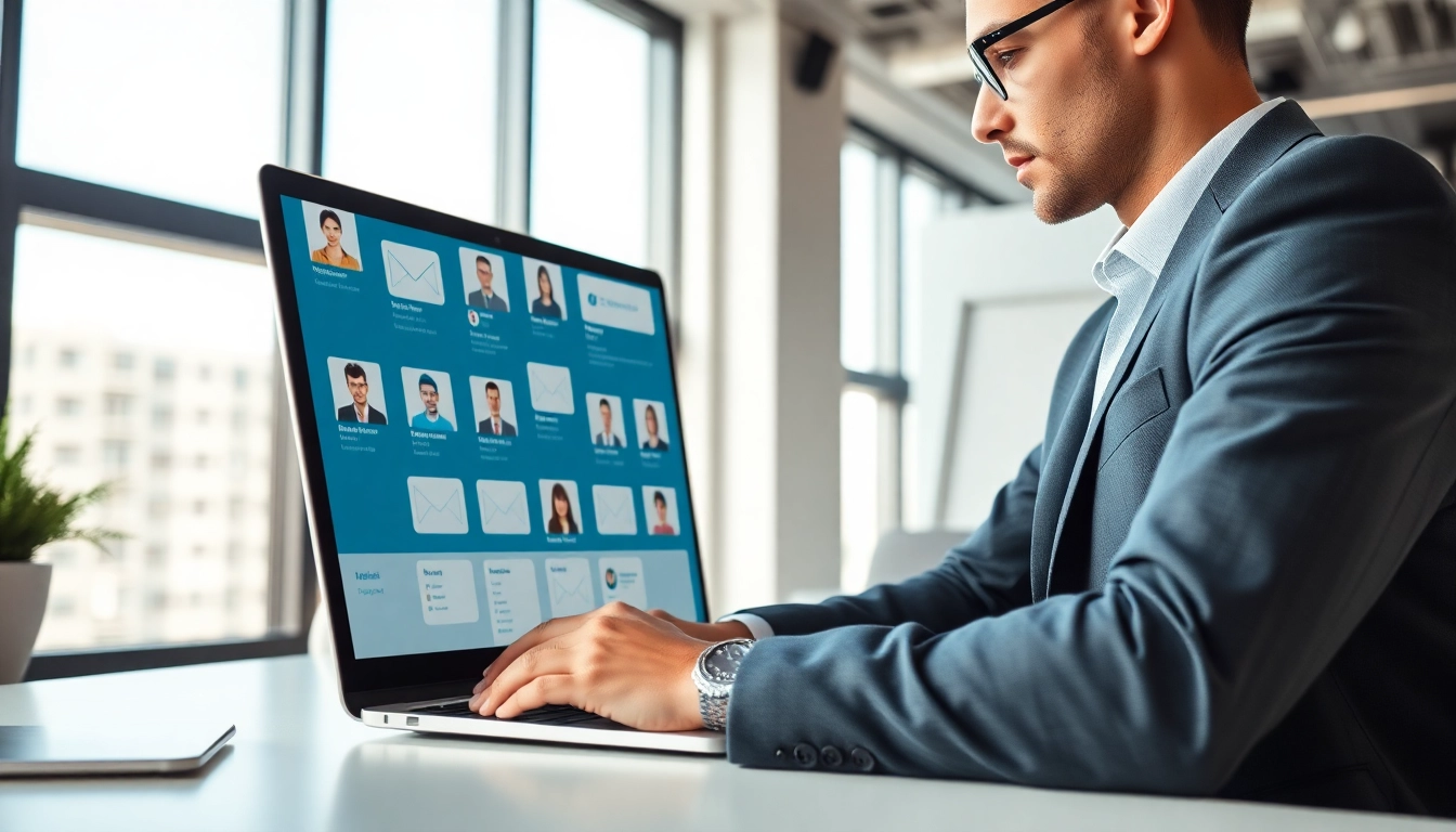 Find verified emails from linkedin using a professional in an office setting with LinkedIn profiles displayed.