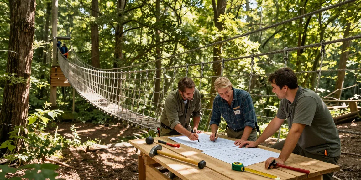 Rope Bridge design project in a forest with skilled craftsmen at work.