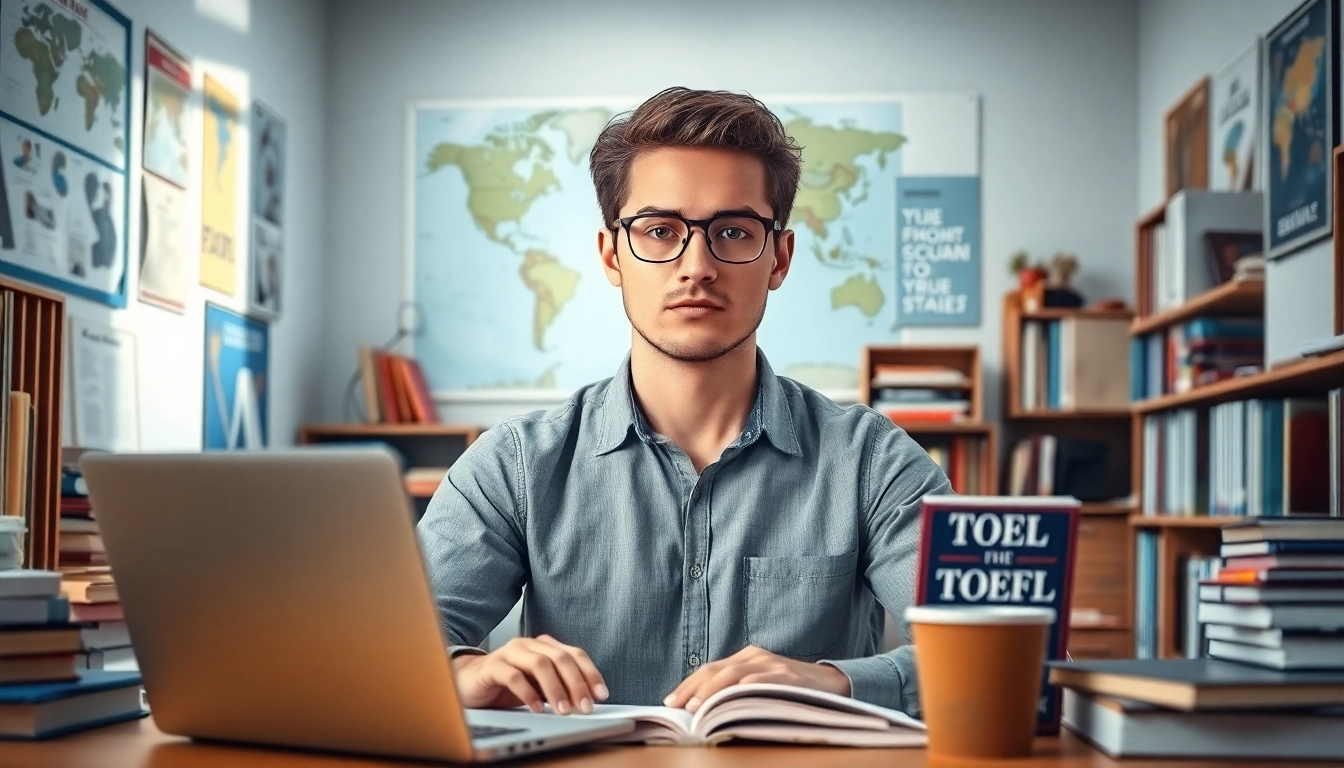 Pay someone to take toefl with a focused student studying in a bright room filled with books.