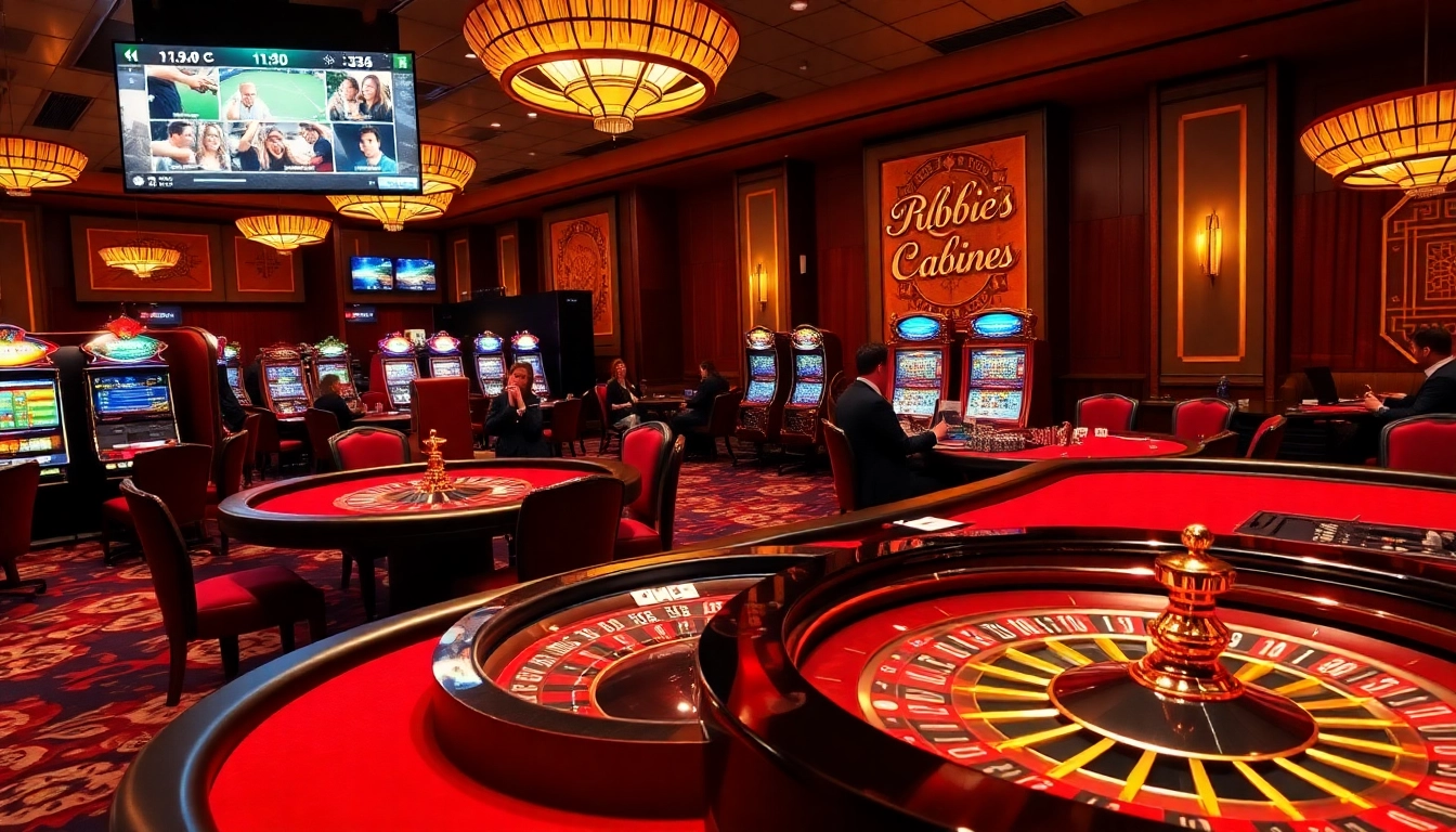 A vibrant casino scene showcasing excitement for link rr88 with poker tables, slot machines, and a roulette wheel.
