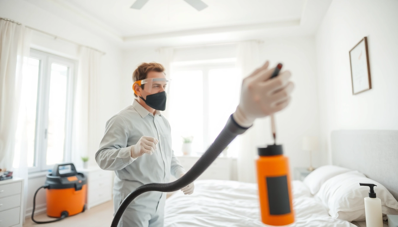 Bedbugs exterminator near me treating a bedroom professionally.