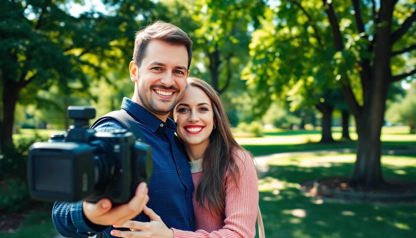 Capture a vibrant outdoor portrait session by a photography company edmonton showcasing a couple in a lush park.