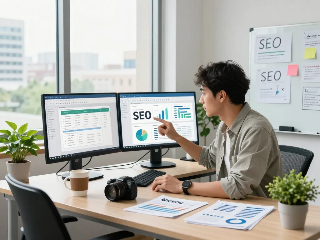 Data analyst reviewing SEO reports in a bright, modern office environment, showcasing detailed analytics.