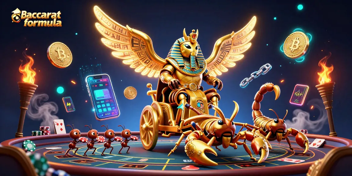 Engage with the Baccarat formula amidst a vibrant, strategic casino scene featuring baccarat tables and colorful 3D elements.