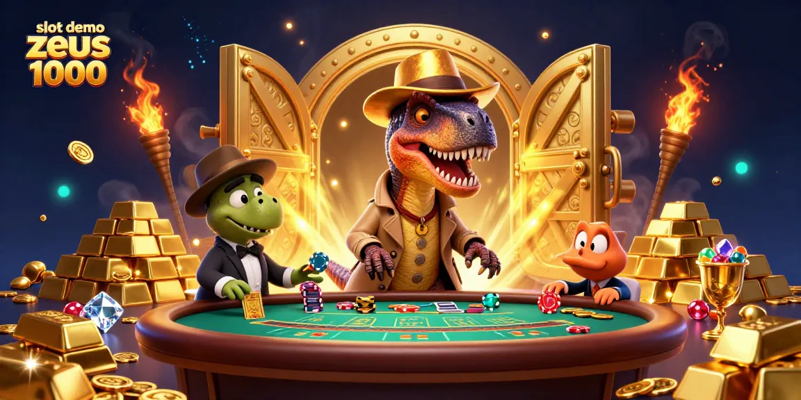 Experience the slot demo zeus 1000 adventure with a cartoon velociraptor and friends at an exciting casino.