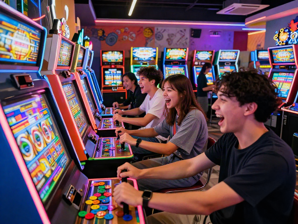 Friends playing slot jepang in vibrant arcade, smiling and enjoying gaming experience.