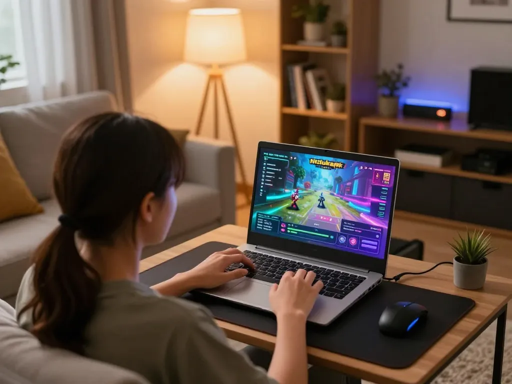 Engaging gameplay on hitclubapk displayed on a laptop in a cozy home setting.