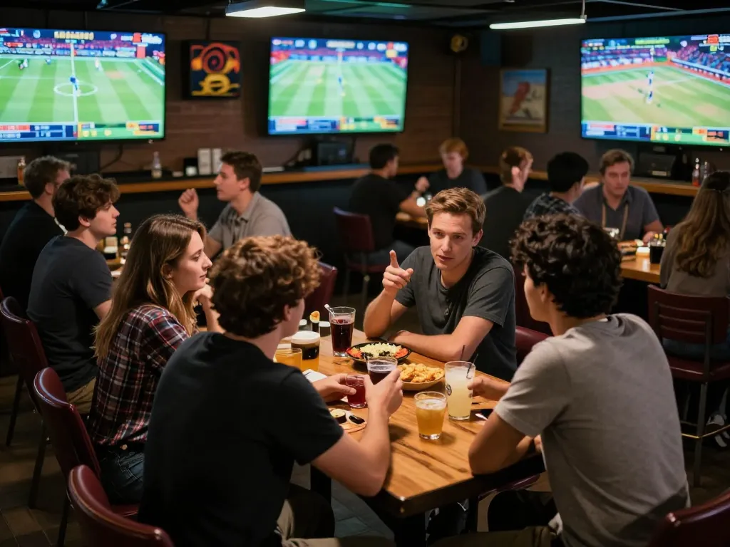 Engaged bettors at a lively sports bar discussing strategies for Nhà cái DABET along with live game highlights.