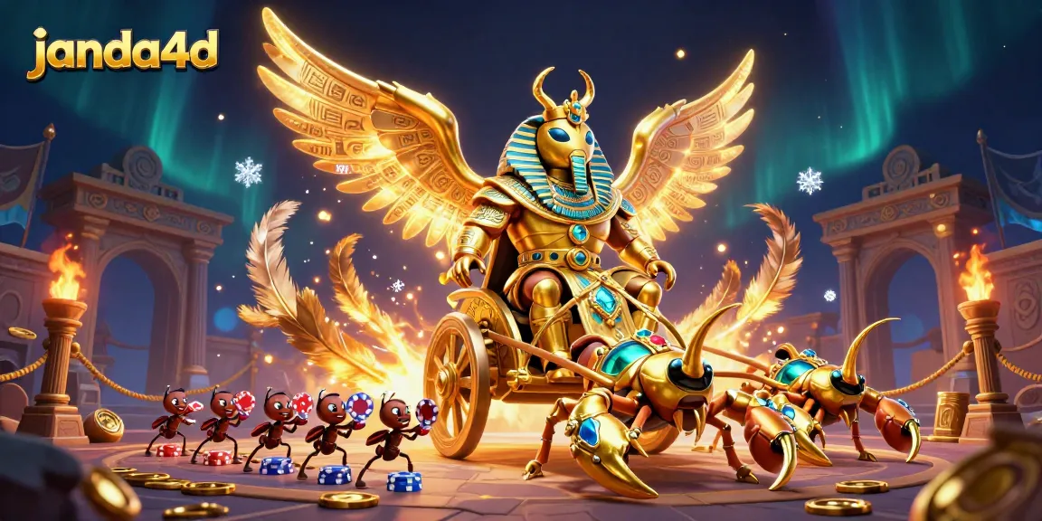 Janda4D menampilkan pesona kasino dengan scarab emas dan skorpion berhiaskan permata.