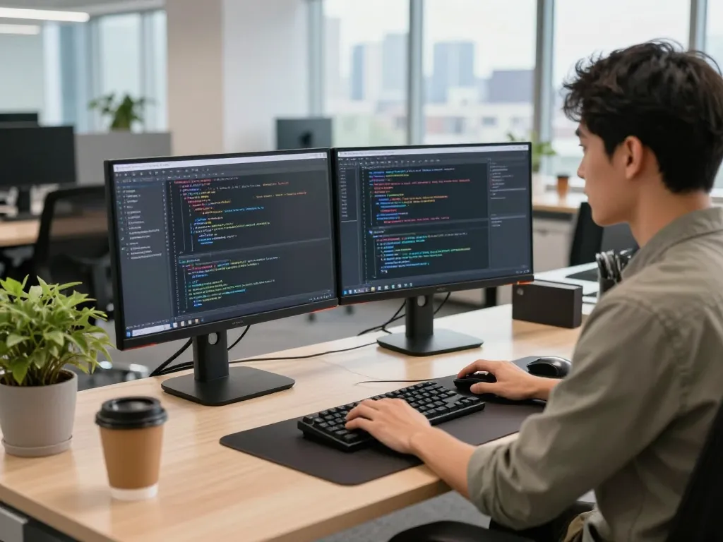 Developer coding in a tech workspace, embodying innovation and productivity with elements highlighting ia +18.