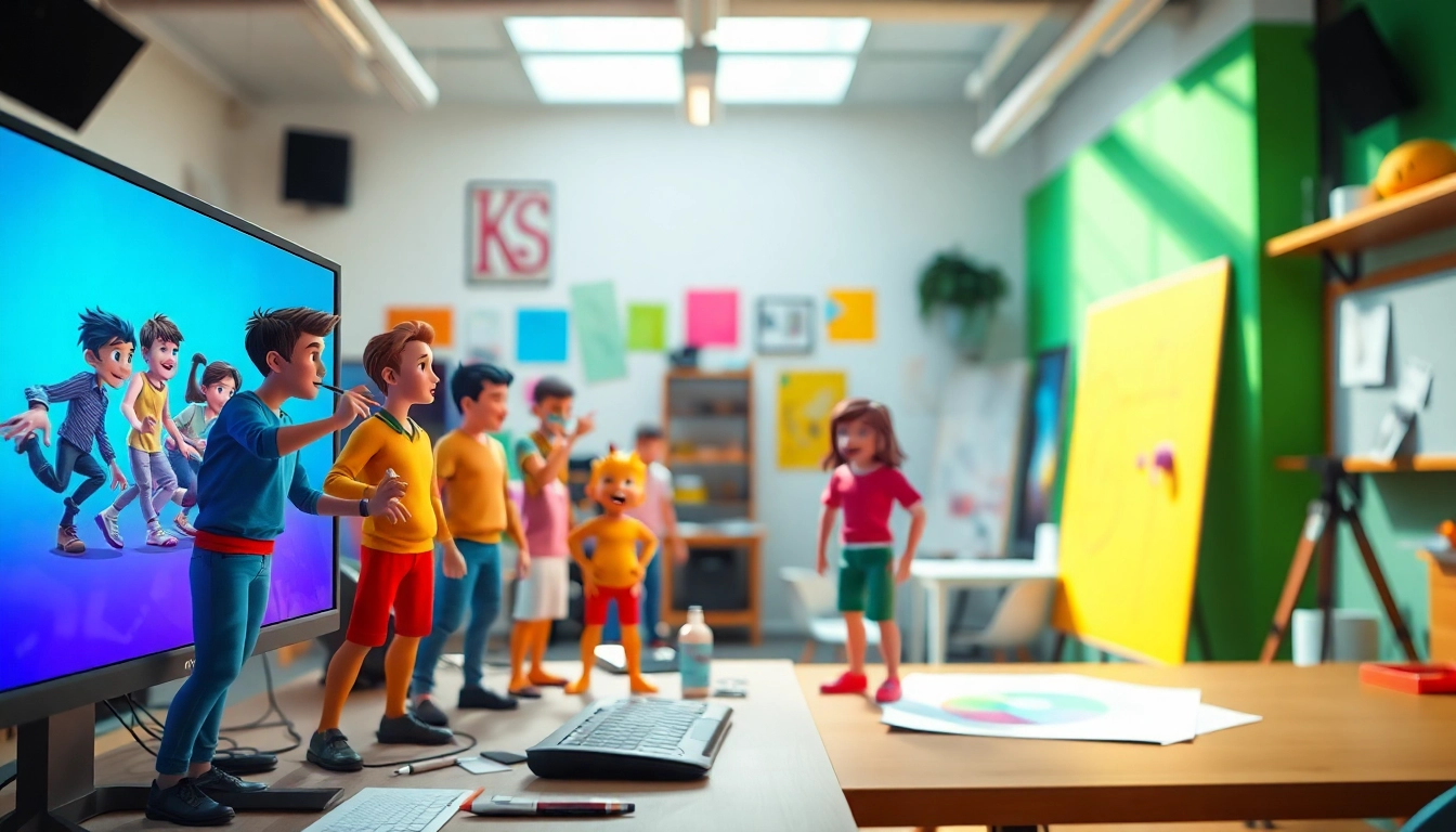 3D Animation characters animated in a vibrant studio environment, showcasing creative processes.