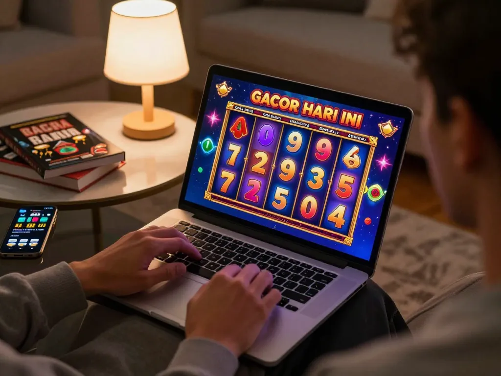 Engaging in the slot gacor hari ini game on a laptop, showcasing a vibrant online casino experience.