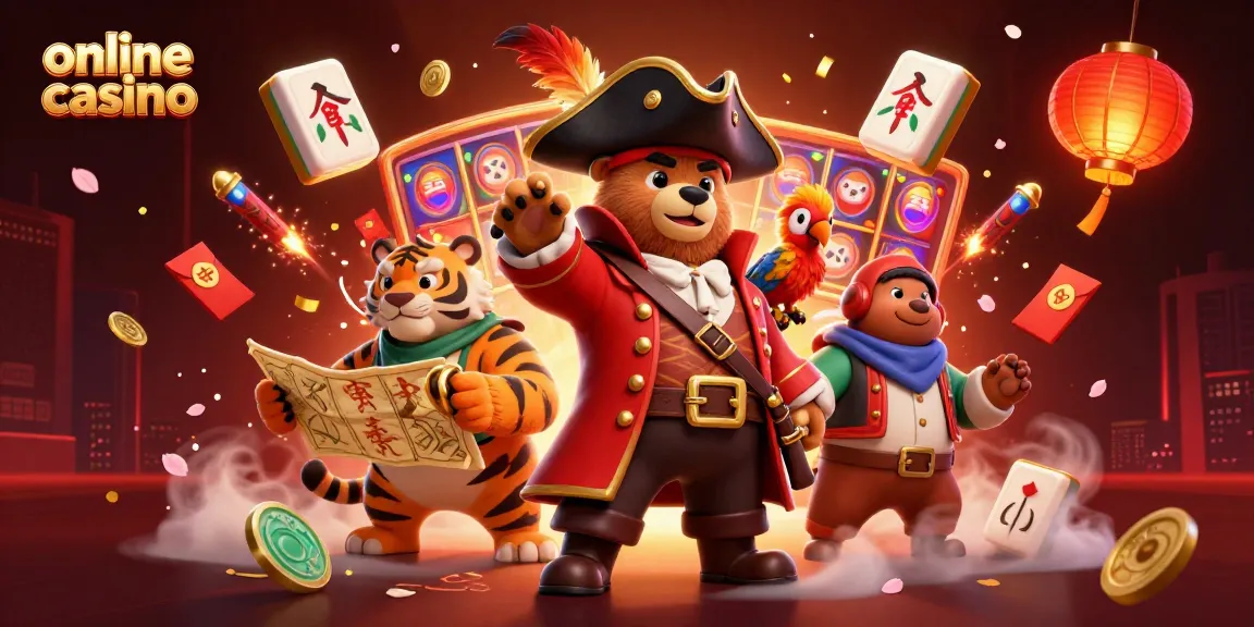 Engage in an exciting online casino adventure with a pirate bear and friends amidst festive gaming elements.