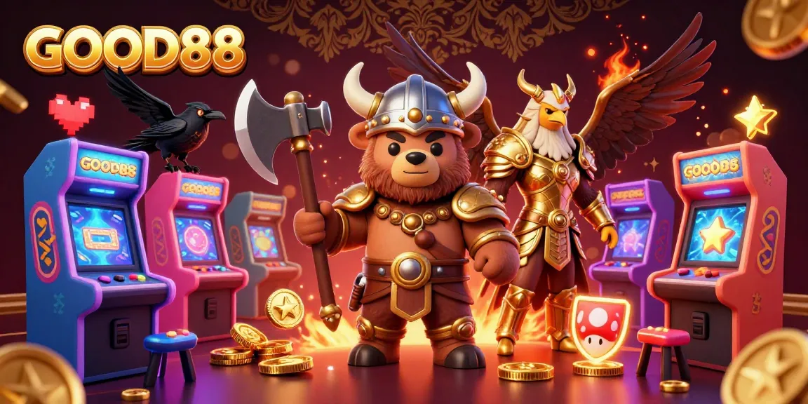 Engage with the vibrant 3D scene of GOOD88 featuring a Viking bear and Valkyrie eagle amidst lively arcade gaming.