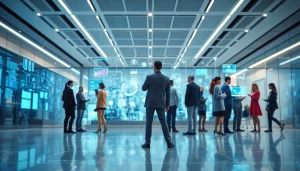 Engaging technology landscape featuring diverse professionals utilizing advanced tech tools in a modern office.