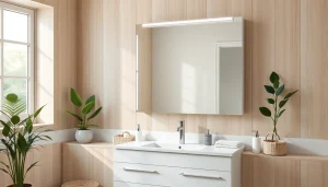 Beleuchteter spiegelschrank led im modernen Badezimmer mit eleganter Ausstattung.