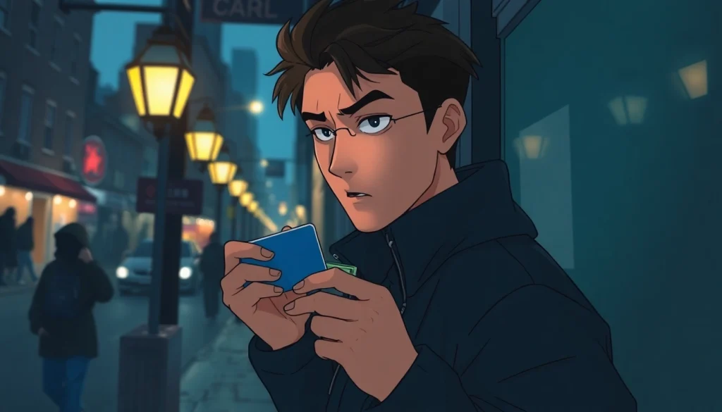 카드깡 행위를 통해 현금을 교환하는 모습, 도시 배경에서의 긴장감 전달.