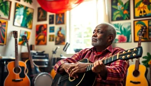 Highlight Leroy Silver in a Jamaican-inspired studio, emphasizing his musical creativity and warmth.