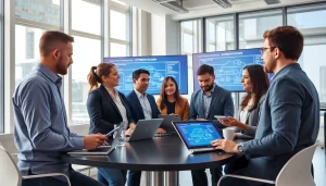 Implement effective Hybrid Cloud Solutions with a collaborative IT team in a modern workspace.