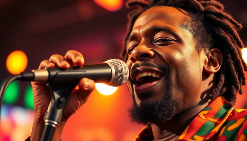 Leroy Silver passionately performs on stage in a vibrant atmosphere filled with colorful lights.