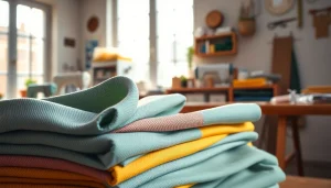 Katoen stoffen in verschillende kleuren en texturen, prachtig uitgestald in een creatieve werkplaats.