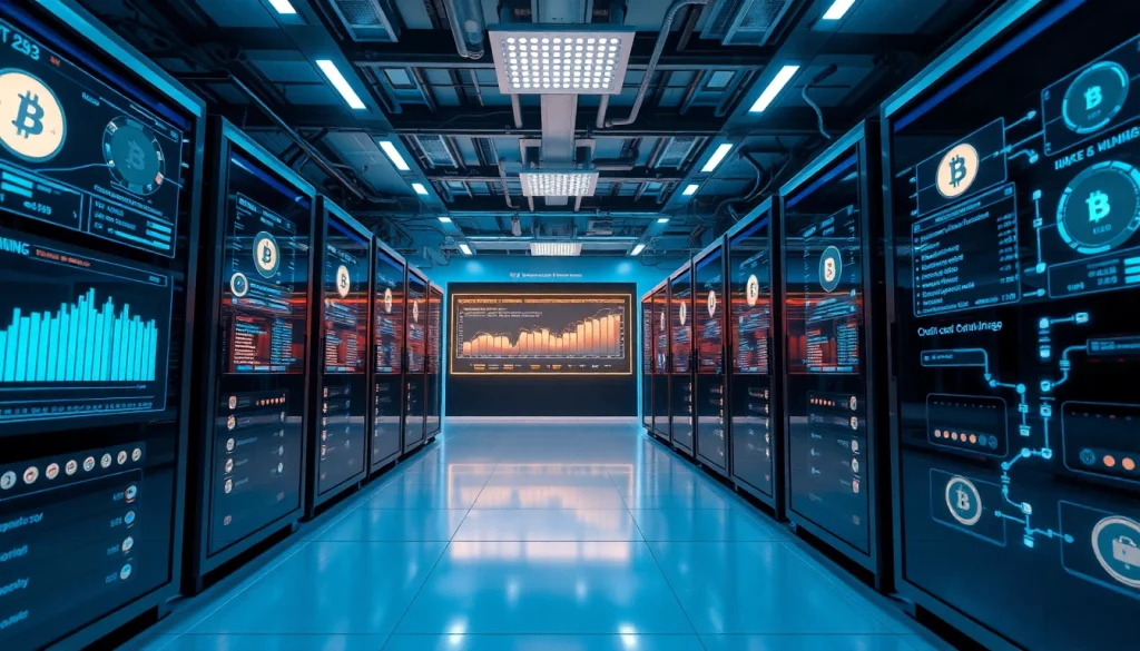 Best cloud mining technology in a modern digital workspace with advanced hardware and cryptocurrency statistics.