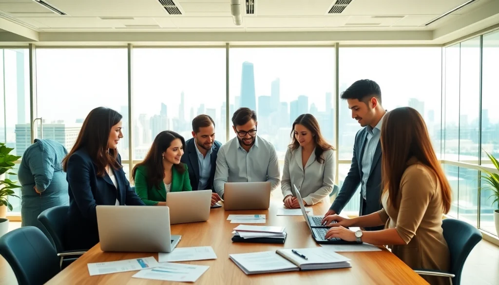 Job in Chicago seekers discussing listing options in a bright modern office setting.