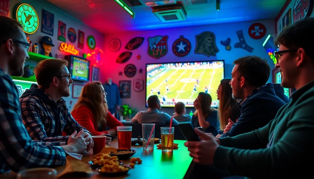 Engaged friends celebrating online sports betting Oklahoma during an exciting game.