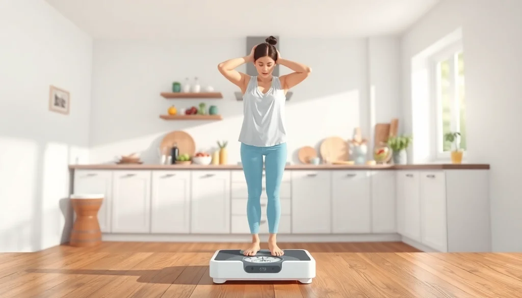 Visual representation of a weight loss plateau with a scale and healthy food options.