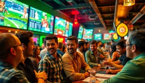 Engaged bettors enjoying online sports betting Georgia at a vibrant outdoor sports bar atmosphere.