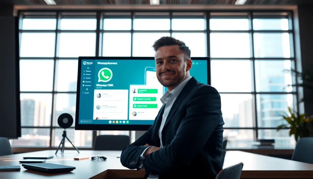 Engaging professional using WhatsApp Business CRM in a dynamic workspace for effective communication.