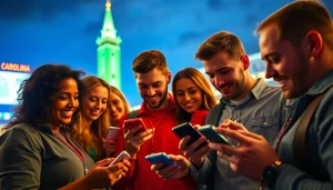 Engaged bettors enjoying online sports betting South Carolina on game day in a vibrant city setting.