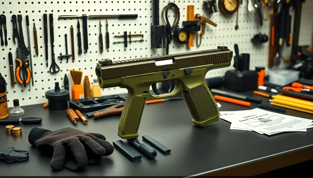 Assemble polymer80 glock 19 pf940c complete kit on a workbench, showcasing quality tools and parts.