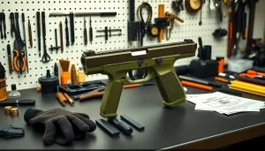 Assemble polymer80 glock 19 pf940c complete kit on a workbench, showcasing quality tools and parts.