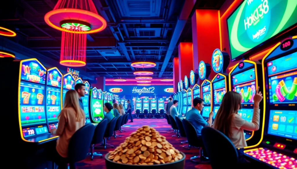 Exciting casino scene featuring hoki138 pro gaming machines and enthusiastic players.